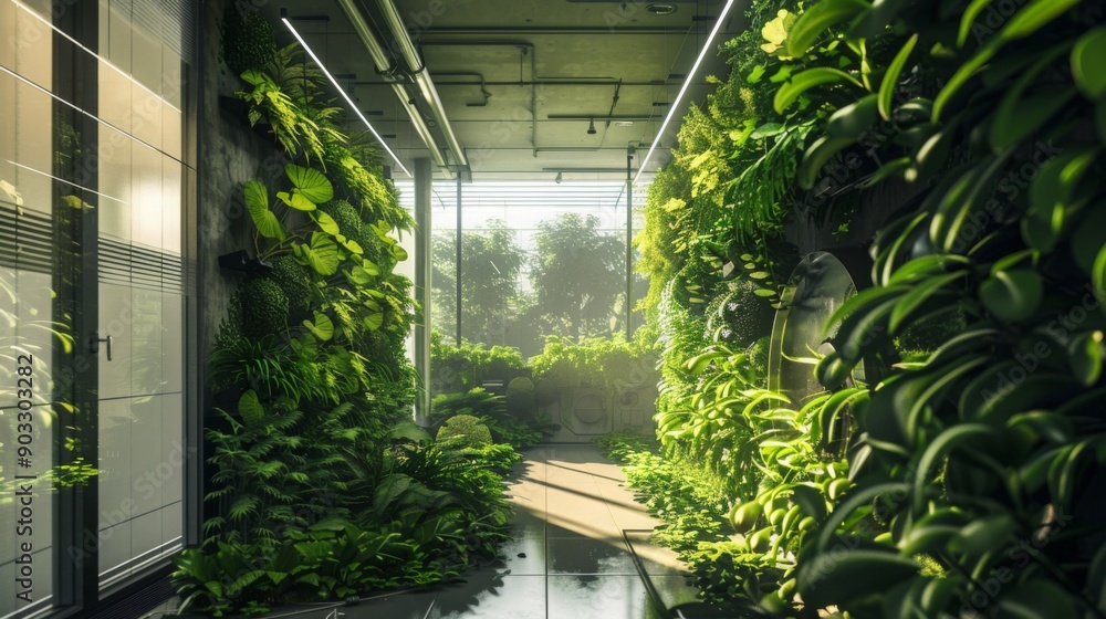 Poster A modern building interior with green walls extending from the floor to the ceiling. Sunlight streams in through a large window, illuminating the path through the foliage.
