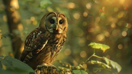 Tawny owl (brown owl) in deep forest