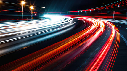 A long exposure photo of red light trails from cars driving on an empty highway at night