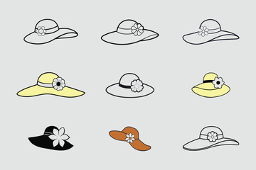 Set of Woman Hats - Doodle Icons in Black and White