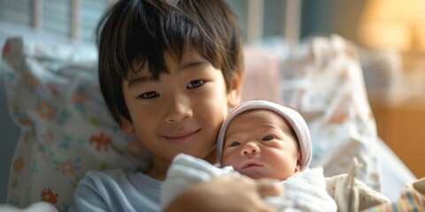 Fototapeta premium A young boy cradles an infant in his arms, conveying tenderness and care