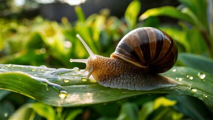 Snail on Leaf close-up with snail mucin