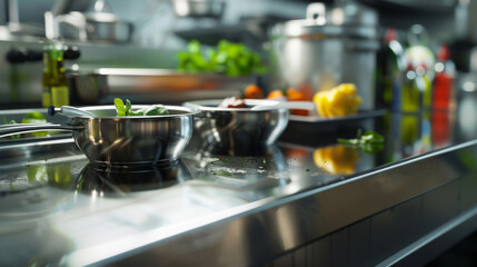 professional kitchen interior in a restaurant with stainless steel appliances and food processing station, Hot and Cold foods, Pastry and Preparation Station, Sauce and baking  preparation unit 