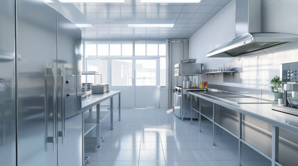 professional kitchen interior in a restaurant with stainless steel appliances and food processing station, Hot and Cold foods, Pastry and Preparation Station, Sauce and baking  preparation unit 