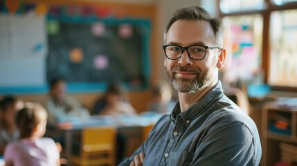 Fototapeta premium A man wearing glasses stands in a classroom