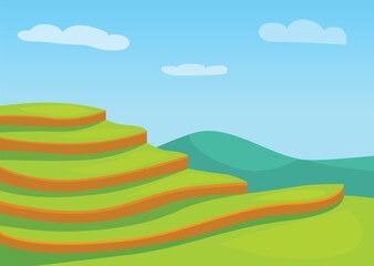 Cartoon illustration of green rice terraces forming steps in a beautiful sunny day, with a blue sky and white clouds