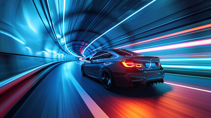 A modern car driving through an underground tunnel with blue and red lights