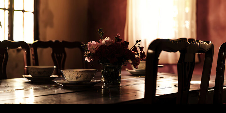 Empty Chairs at the Table: An empty dining table, set with china and flowers, a missing place setting for the loved one who has passed.