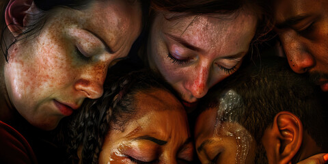 Tearful Goodbye: A group huddled together, offering support and solace to one another as they say their final farewells.