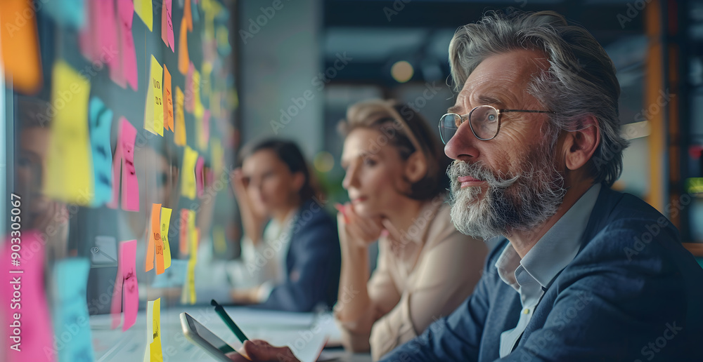 Poster a man with a beard and glasses looking at a board with colorful sticky notes