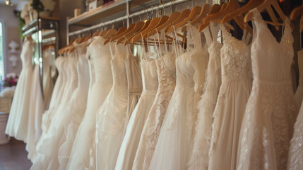 A row of white wedding dresses hanging on wooden hangers in a bridal shop, showcasing various elegant designs and styles.