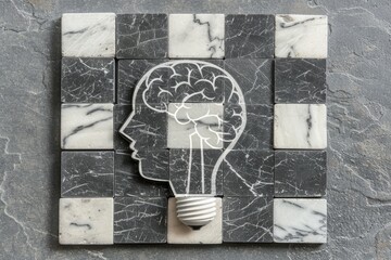 Marble wall with brain light bulb illustration representing intellectual power innovative ideas and the fusion of art and science in a modern artistic setting.