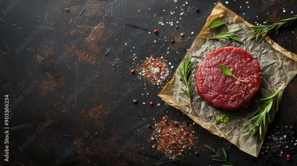 Poster fresh beef cutlet on table with space rustic background overhead view