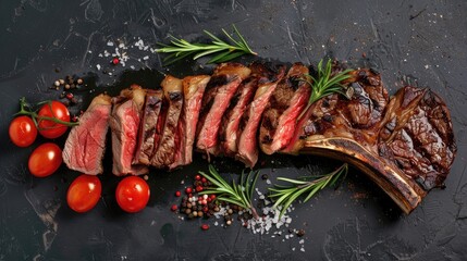 Sliced Tomahawk steak with balanced food concept flat lay with copy space