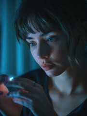 A woman stands alone in a dimly lit area, focused on her cell phone