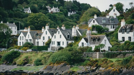 Fototapeta premium Row of white houses on a hillside, perfect for use in real estate or architecture concepts