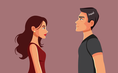 Happy Couple Looking with Love at Each other Vector Illustration. Man and woman flirting and bonding making eye contact 
