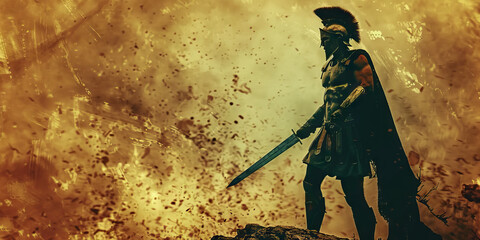 Unyielding Resolve of the Spartan: A soldier with a sword, standing on a hilltop overlooking a battlefield.