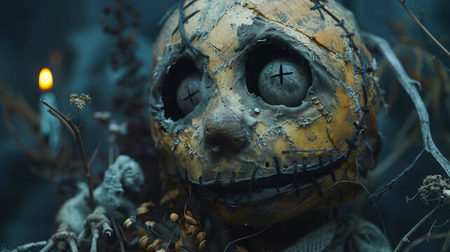 Close-Up of Weathered Voodoo Doll with Ominous Stitching and Rusty Pins
