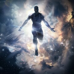 A Mystical Figure Hovering in Ethereal Space Amidst Starlit Nebulae in Galactic Vortex