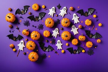 Orange pumpkins autumn leaves bat frame for Halloween celebration with copy space on purple background