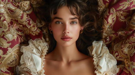 Fototapeta premium Portrait of a Baroque Fashion Model in Opulent Gown with Elaborate Lace and Ribbon Details