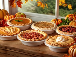 An elegant Thanksgiving dessert table featuring an assortment of pies such as pumpkin, apple, and pecan, beautifully arranged with fallthemed decorations