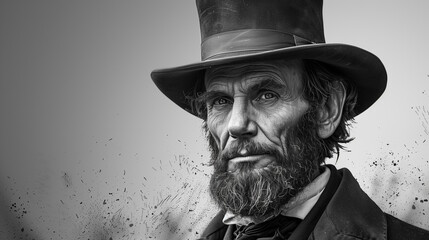 Illustration of Abraham Lincoln with Iconic Beard and Top Hat, American Flag and Emancipation Proclamation