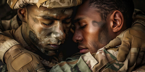 Fototapeta premium Bond of Brotherhood: Two soldiers, arms around each other's shoulders, gazing into the distance.