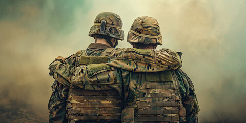 Bond of Brotherhood: Two soldiers, arms around each other's shoulders, gazing into the distance.