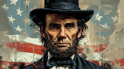 Illustration of Abraham Lincoln with Iconic Beard and Top Hat, American Flag and Emancipation Proclamation