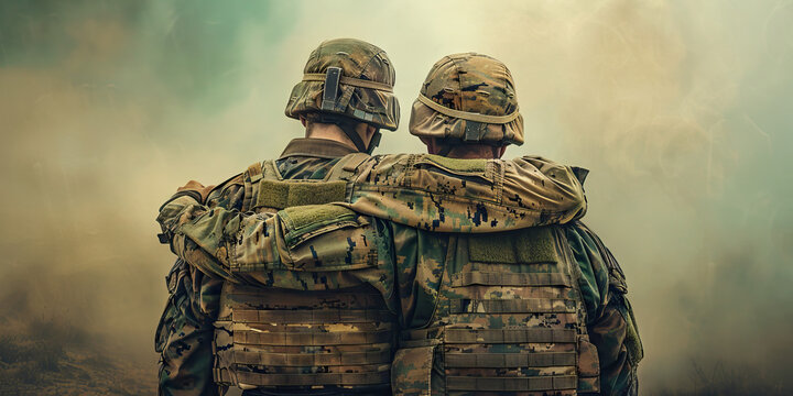 Bond of Brotherhood: Two soldiers, arms around each other's shoulders, gazing into the distance.