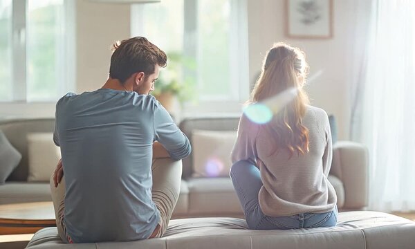 After a fight, the wife is crying and sitting apart from her husband at home.