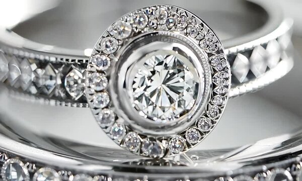 Macro closeup of wedding rings made of white gold diamon jewellery