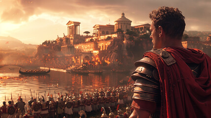 Julius Caesar Leading His Army Across the Rubicon River in a Pivotal Moment of Roman History
