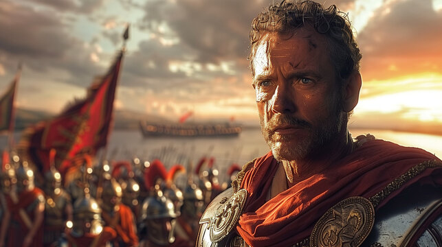 Julius Caesar Leading His Army Across the Rubicon River in a Pivotal Moment of Roman History