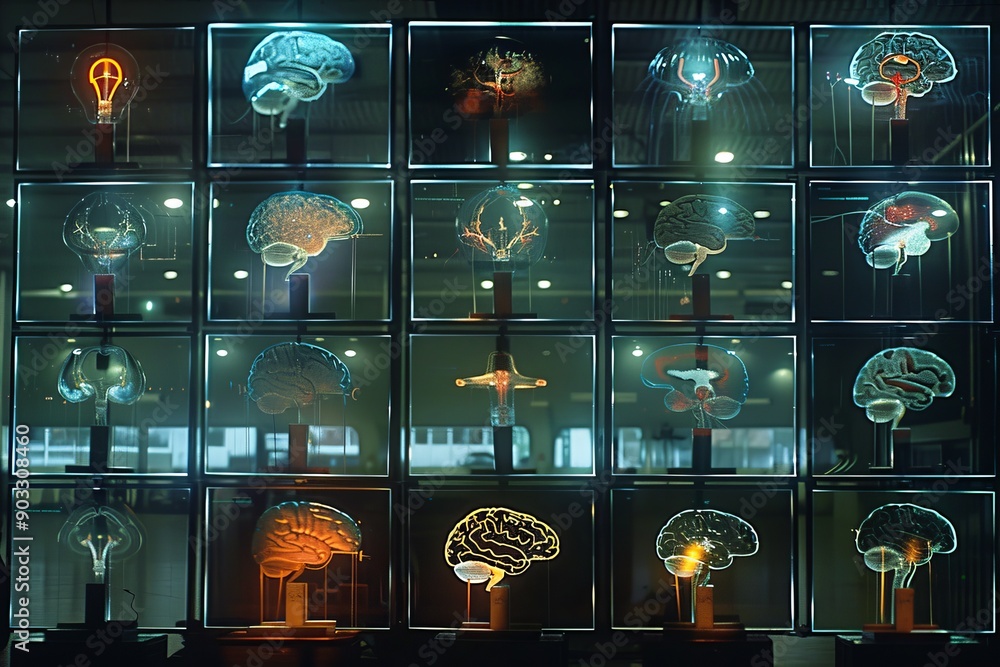 Poster digital display of brain scans on futuristic screens representing medical technology and neuroscienc