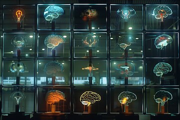 Digital display of brain scans on futuristic screens representing medical technology and neuroscience.