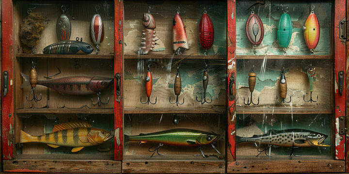 Hooked on History: Antique fishing hooks and lures displayed in a glass case, accompanied by vintage photos of anglers.