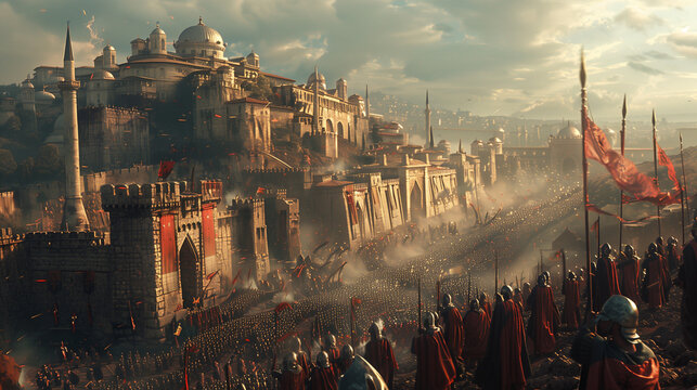 Dramatic Reconstruction of the Fall of Constantinople: Ottoman Troops Breaching the City Walls