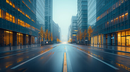 Fototapeta premium Wide Empty Urban Street with Tall Modern Buildings and Clear Sky for Text Overlay
