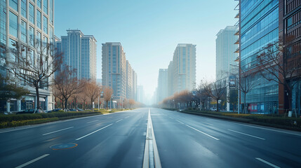 Fototapeta premium Wide Empty Urban Street with Tall Modern Buildings and Clear Sky for Text Overlay