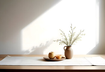 Minimalist background with minimalism concept, empty space for text, flowers in a vase, lights and shadows