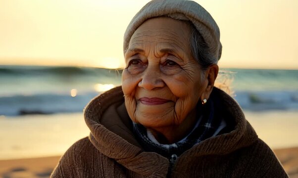 Lifestyle portrait of a Nigerian woman in her 90s in a beach background wearing a warm parka