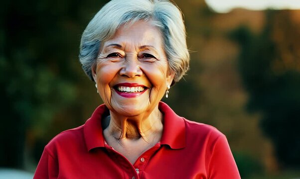 Portrait of a smiling senior asian woman in red polo shirt