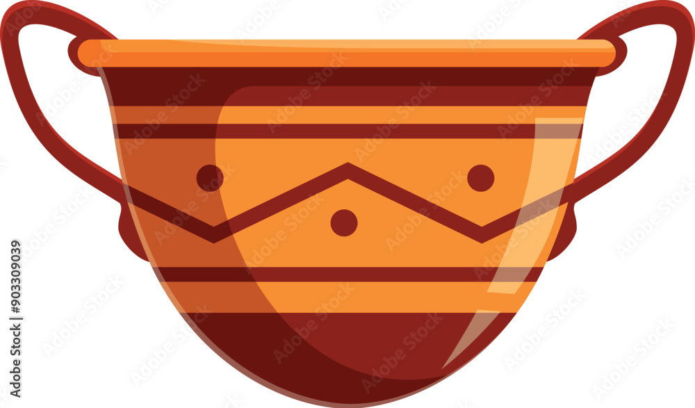 Poster ancient clay cup with two handles showing traditional patterns, isolated on a white background