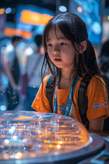 Curious Young Girl Exploring Science Exhibit with Wonder and Fascination in Interactive Museum Environment