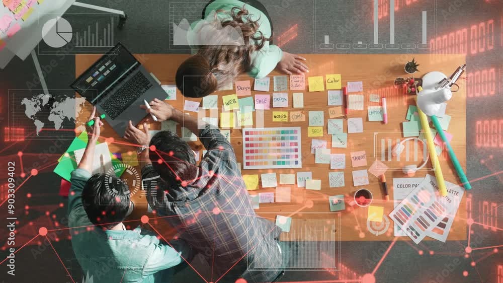 Aufkleber top down view of business team with casual outfit looking laptop screen and sharing idea. aerial vie