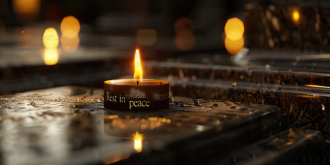 The Eternal Flame: A burning candle, its light reflecting off the marble of a grave, illuminating the words "Rest in peace".