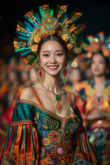 Joyful Traditional Asian Performer in Colorful Headdress and Embroidered Costume, Showcasing Cultural Dance at Festival